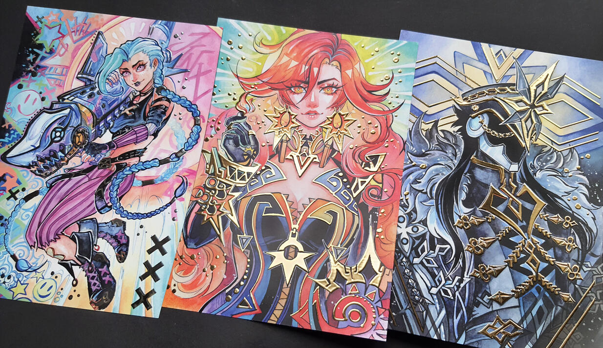 ●Watercolor Artwork Gold Foil Prints● Featuring: Jinx from Arcane, Mavuika and Capitano from Genshin Impact (new art prints will be added closer to the event) ●●●