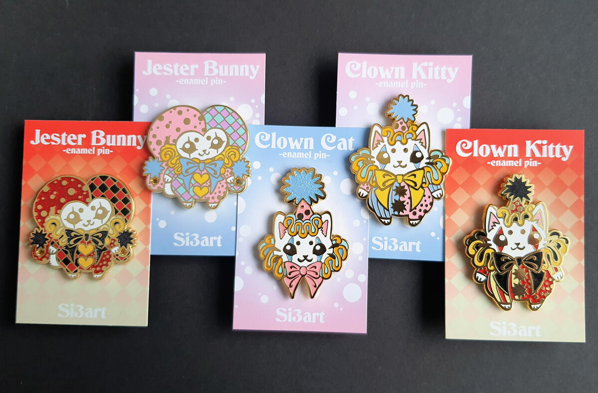 ●NEW Enamel Pins● Original designs featuring Clown and Jester themed Bunnies and Cats ●●●
